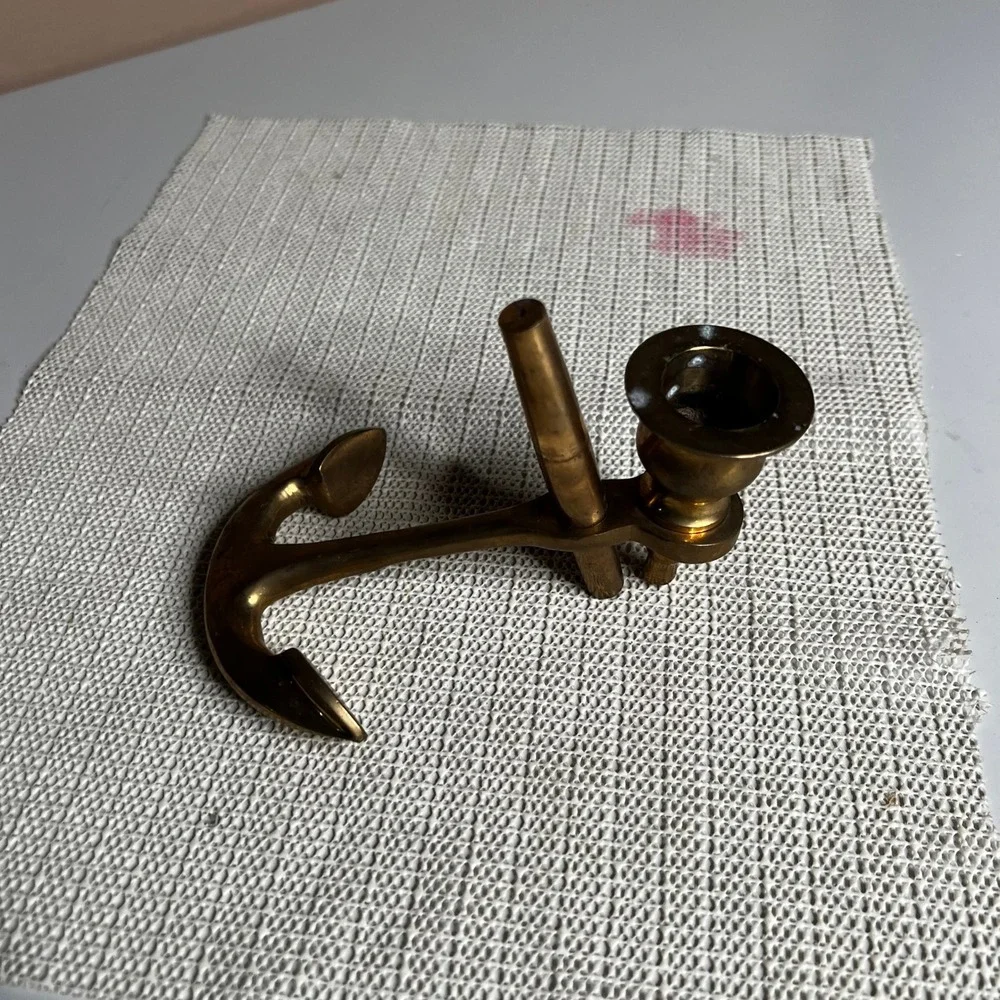 Vintage Solid Brass Anchor Candlestick Holder Nautical Maritime Decor Gold Tone